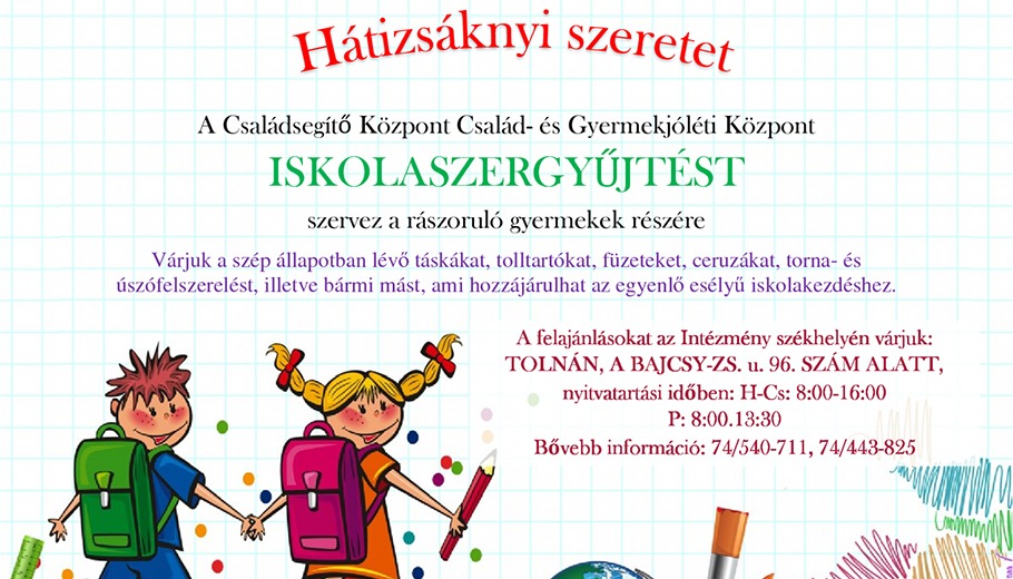Hátizsáknyi szeretet - Iskolaszer gyűjtés rászoruló gyermekek részére